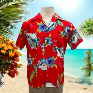 Vintage Made in Hawaii Aloha Shirt‎ Floral Hippie Surf Boat Parrothead Buffett